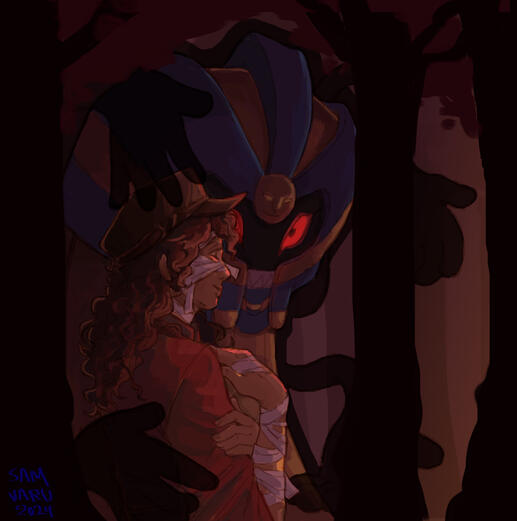 my sona dressing up for hallowen looking a bit anxious yet happy, next to her is her Cofragigus posing its hands around her protectingly