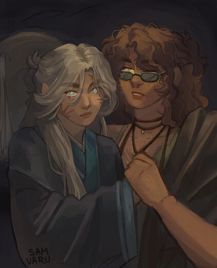 me and my friend&#39;s sonas holding hands looking at the viewer with undeterminated looks